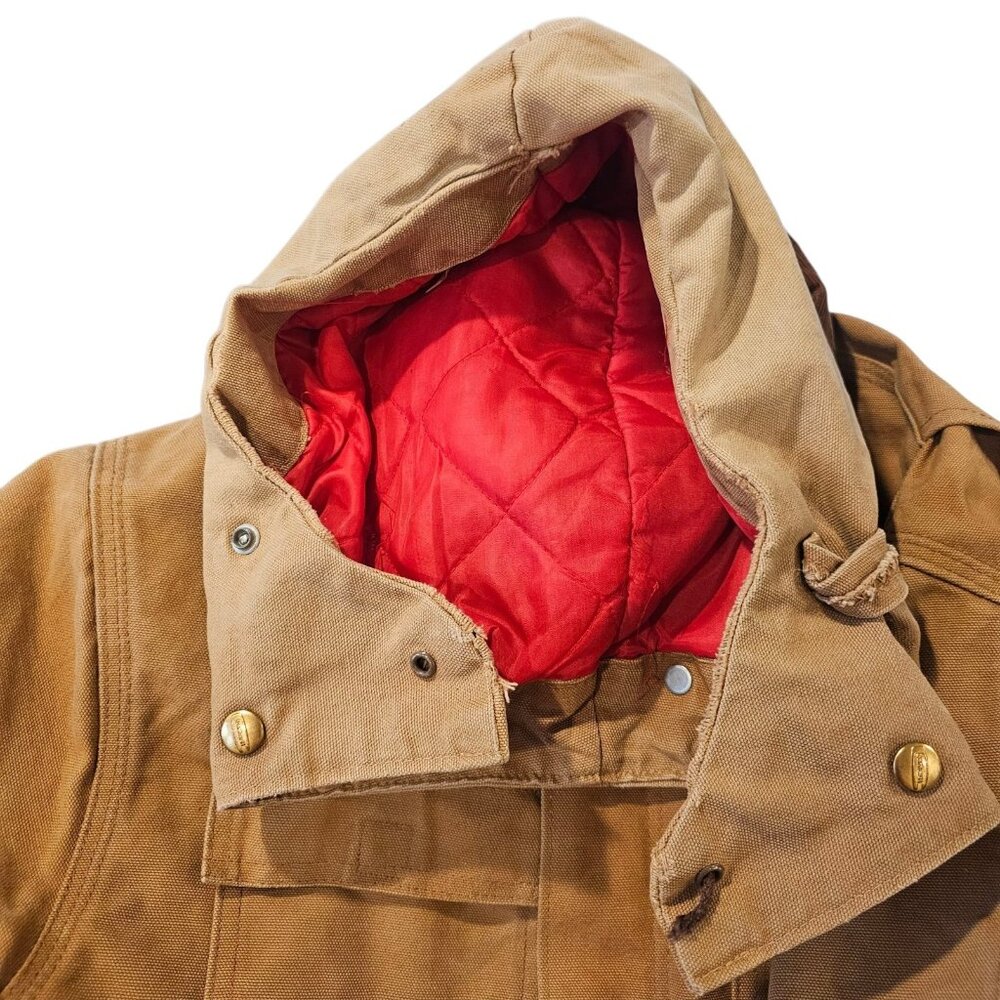 VTG CARHARTT Chore Coat Hooded Tan Canvas CQ196 Sz 42 Tall Large‎ Broke Zipper - Picture 12 of 16
